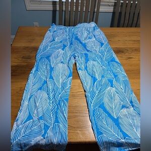 Talbots Breezy Palm Print Blue and White Leaf Pattern Wideleg Pants Size Medium
